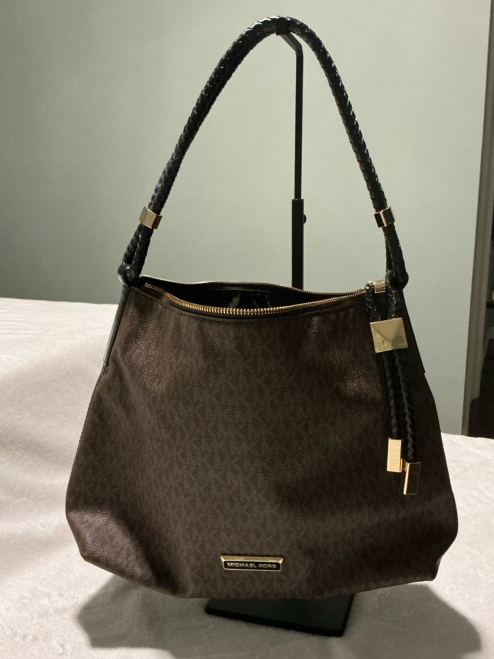 Michael Kors Dark Brown Logo Shoulder Bag with Braided Strap